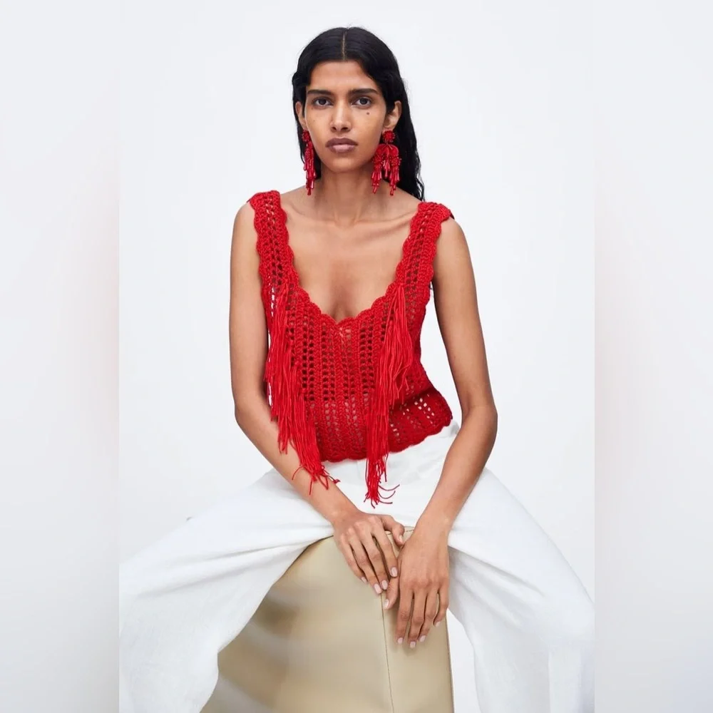 Zara Red Crochet Fringe Knit Sleeveless Crop Top M Weatern Festival Boho NEW - Picture 12 of 12